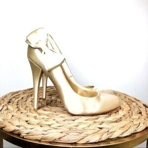 Badgley Mischka heel Satin Bridal heels Champagne Bow Pumps Wedding Shoe ivory